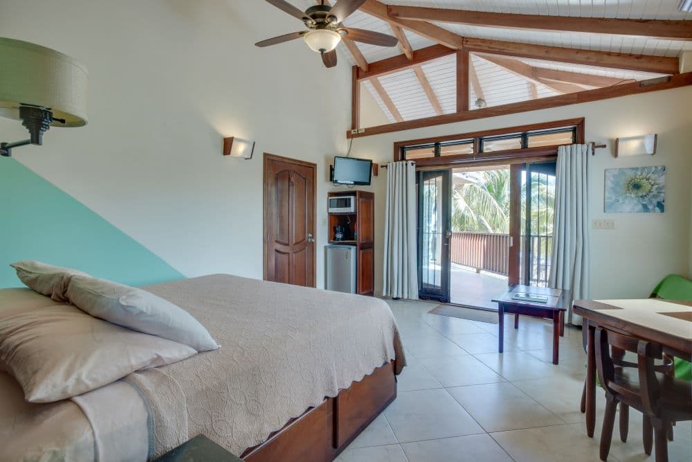 A spacious tropical bedroom featuring a bed with neutral linens, a vaulted wood-beam ceiling, and large glass doors that open onto a bright, private balcony.