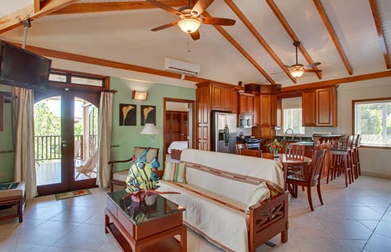 An open-concept tropical living area and kitchen featuring high vaulted ceilings with exposed wooden beams and multiple ceiling fans. The room includes a light green accent wall, a wooden sofa with white cushions, a dark wood dining set, and a full kitchen with stainless steel appliances and wood cabinetry. Large glass doors open to a balcony with lush greenery.