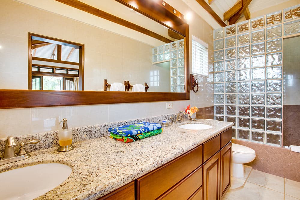 A modern bathroom featuring a double vanity with granite countertops, wood cabinets, and a large mirror. A decorative glass block wall separates the toilet and shower area under a vaulted ceiling.