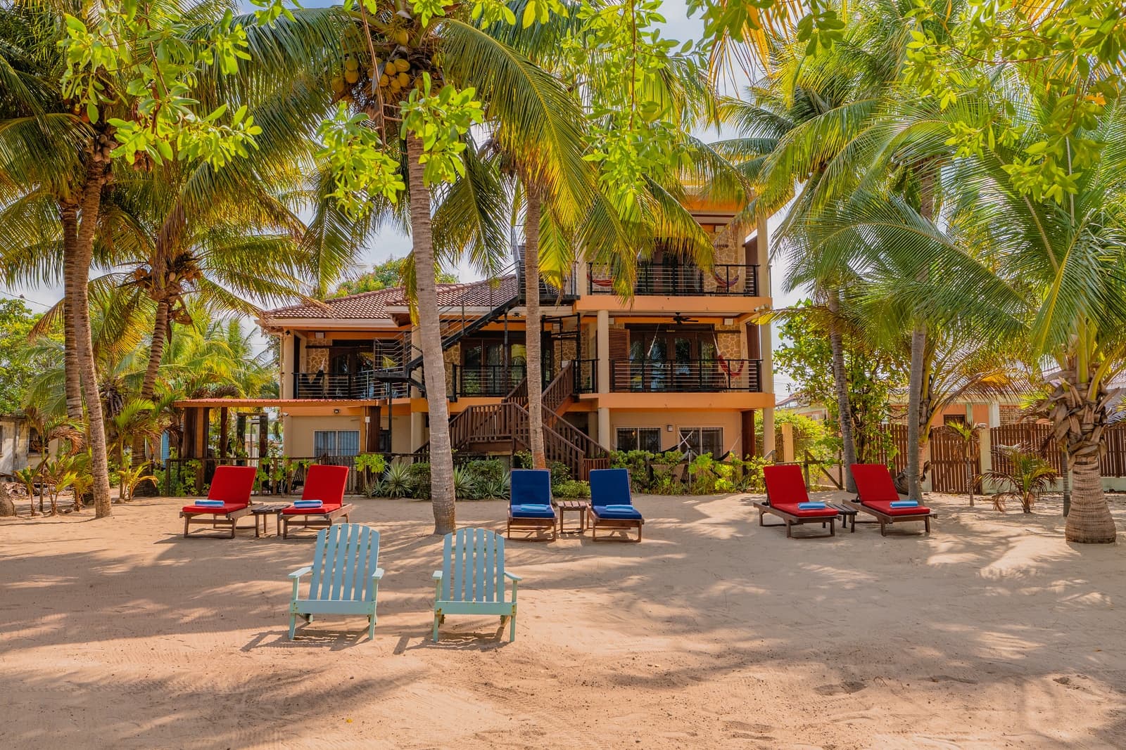 A beachside resort featuring lounge chairs and palm trees under a clear blue sky.